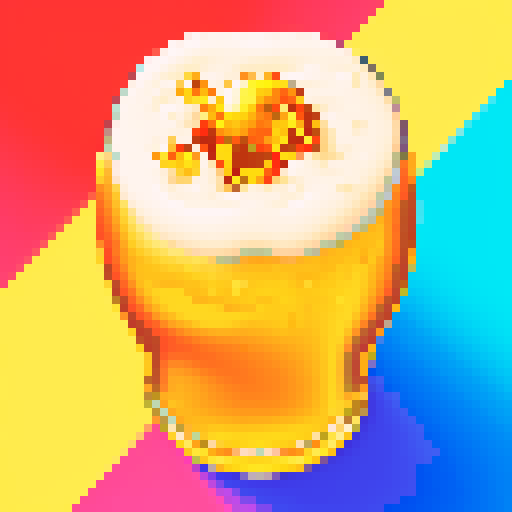 beer foam overflowing, frothy bubbles, golden amber liquid, carbonation bubbles, transparent glass, wooden tap handle, shiny metal tap, retro arcade game aesthetic, vibrant pixel art colors, crisp and vibrant sRGB palette