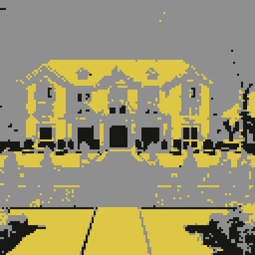 Suburban mansion, front view, symmetrical design, towering structure, pixelated windows, pristine lawn, vibrant flowers, winding driveway, vibrant colors, low-resolution details, sRGB color palette