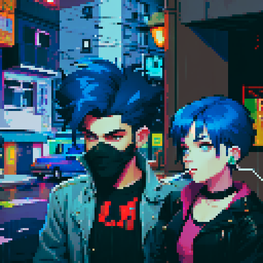 blue haired 90s pop girl on the right is smoking a cigarette, and the man on the left with black hair is holding a gun, night time rainy streets, grim