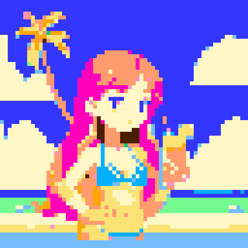 girl with long flowing hair, wearing a vibrant bikini, holding a refreshing coconut drink with a small umbrella, amidst a collection of brightly patterned beach towels, set against a sunset background