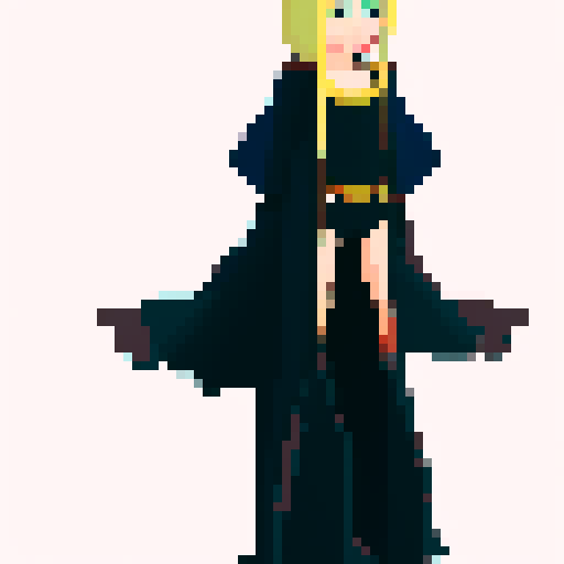make a character with the pose of the reference image that is blonde with long hair and wearing a long flowing cape with one eye in the center of shiny decoration