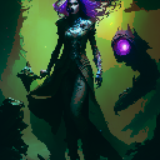 female necromancer, long dark hair, full body, action pose, swirling purple and green magic, mysterious ruins, ethereal glow, intricate staff, tight fitting flowing robes, intense gaze, dark shadows, ancient spellbook, fantasy Medieval RPG
