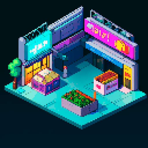 isometric view of a cyberpunk-styled store. Set at night time.