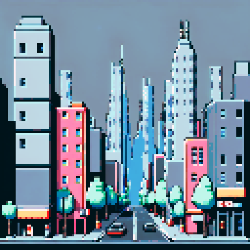 Cityscape, towering skyscrapers, bustling streets, retro video game vibes, blocky pixelated buildings, grey palette, 8-bit art style,ARNE32 palette