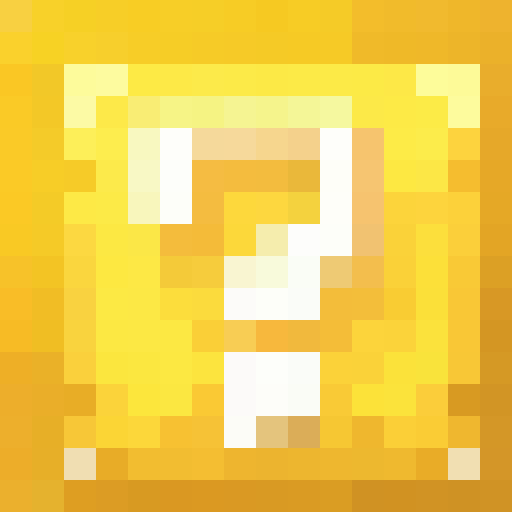 A yellow Minecraft lucky block with a white question mark in the middle