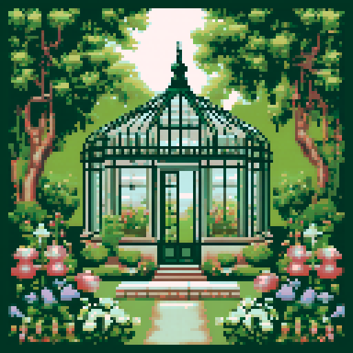 a victorian conservatory greenhouse in a cottage garden cottagecore style cross stitch pattern 