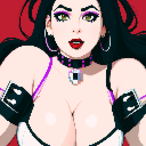 curvy, cute busty goth woman's face, whole head portrait, black hair, purple eyeshadow, red lipstick, low cut leather halter top, studded collar, vibrant sRGB colors, pixel art, NES style