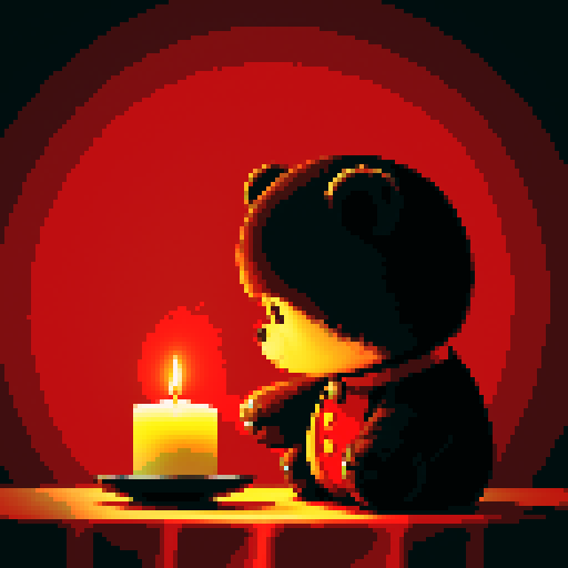 chibi bear, button eyes, gothic anime, plush brown fur, in a relaxed mascot pose, a satanic pendant, profile picture avatar, and a softly glowing wax candle on a table draped in a red tablecloth. Created Using: retro pixel aesthetic, gothic atmosphere, shadow play, poster-style composition, mystical and magical elements, vivid colors, hd quality,