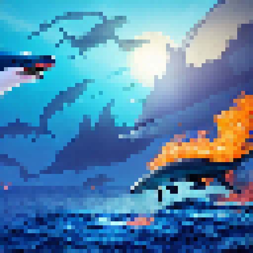 Island queen wields fiery sword, battling sea monsters as the sun beats down on her, surrounded by a school of bloodthirsty sharks.