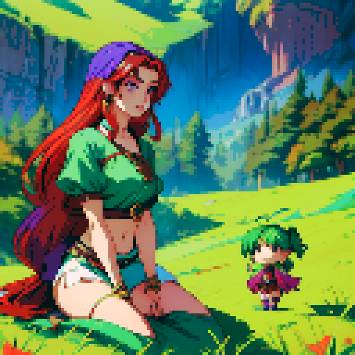 Four goddesses. One goddess has red hair, one goddess has blue hair, one goddess has green hair, and one goddess has purple hair.