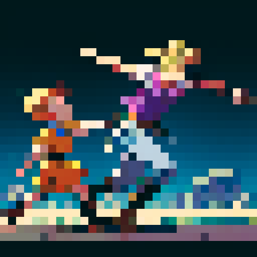 2D character with blond hair and a vest, sword in hand, sprite sheet depicting walking, running, and fighting animations, with a purple shirt, exposed chest, black hair, brown boots, and muscle growth, all in a pixel art style with sRGB colors