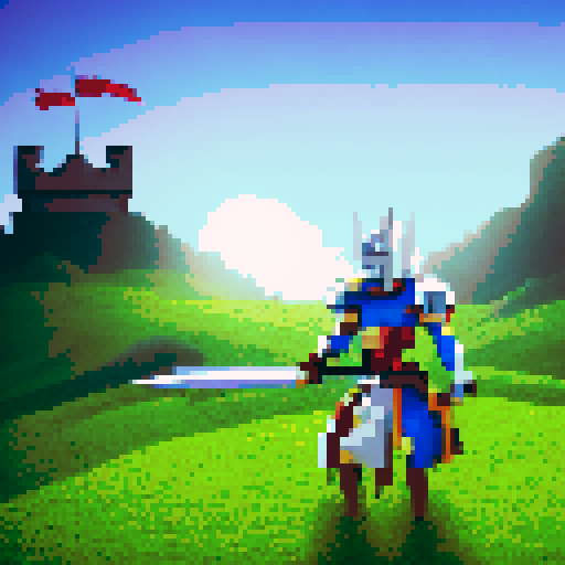 Knight in shining armor, wielding a glowing sword, standing on a grassy hilltop with a majestic castle in the background, surrounded by a golden aura.