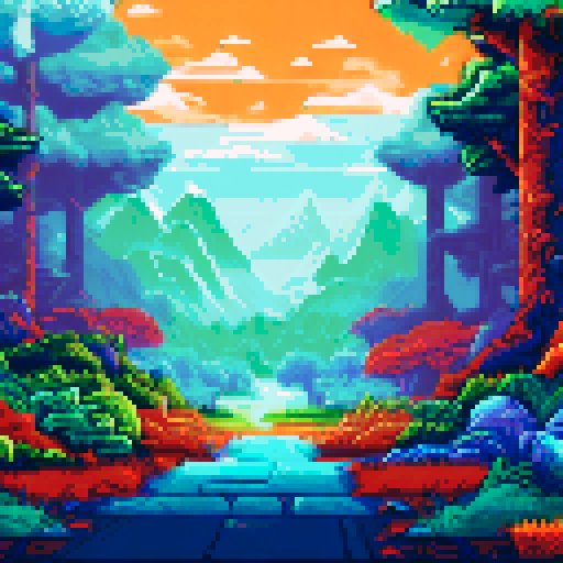 Dark, mysterious forest; moonlit sky; towering trees; raindrops falling; misty mountains; pixelated art; sRGB colors; serene landscape