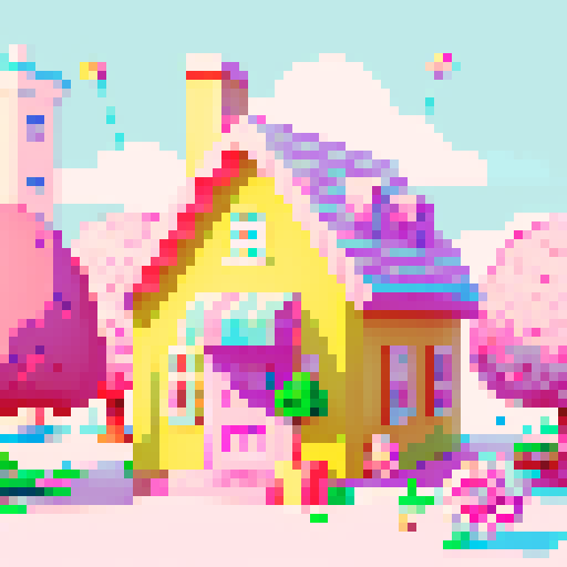 candy house with lollipop trees, pastel colors