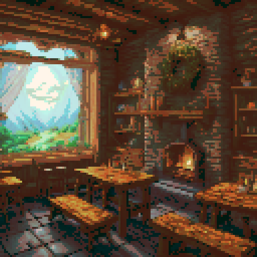 Cozy, warm, rustic tavern with wooden beams, flickering fireplace, colorful stained glass windows, shelves lined with bottles of various potions, whimsical fairy lights hanging from the rafters, cozy nooks with plush velvet cushions, stone walls adorned with intricate tapestries, a bard strumming a lute, a friendly bartender pouring frothy mugs of ale, and a view of a serene, moonlit countryside through the tavern's window, sRGB, pixel art, background, landscape