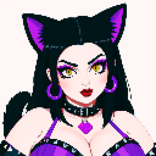 Cat girl, curvy, cute goth woman with black hair, purple eyeshadow, and red lipstick, wearing a bikini, studded collar, portrait, face avatar, in a glamour shot, sRGB color