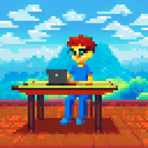 Curly-haired boy with glasses, sitting on a table, explaining something to me, while a front-facing Disney-style bookshelf serves as the background, all rendered in pixel art with a vibrant sRGB palette and a scenic landscape background