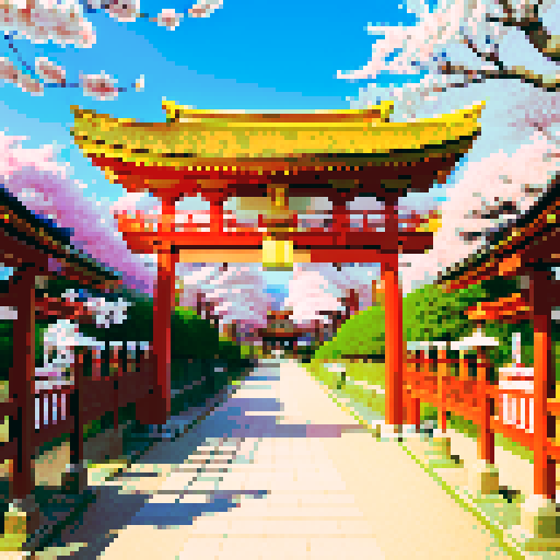 Golden shinto shrine, vibrant cherry blossom trees, traditional architecture with intricate details, shinto torii gate adorned with golden decorations, a pixel art golden cuboid positioned behind the gate, golden lanterns illuminating the scene in sRGB colors
