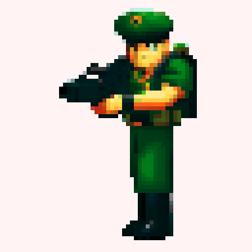 solider, gun pointing up, looking up 