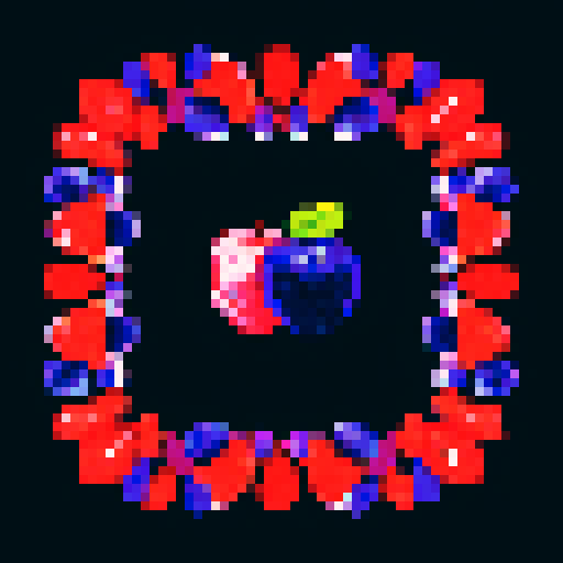 blueberry art frame, pixelated fruits in vibrant colors, void inside, dark background, sRGB