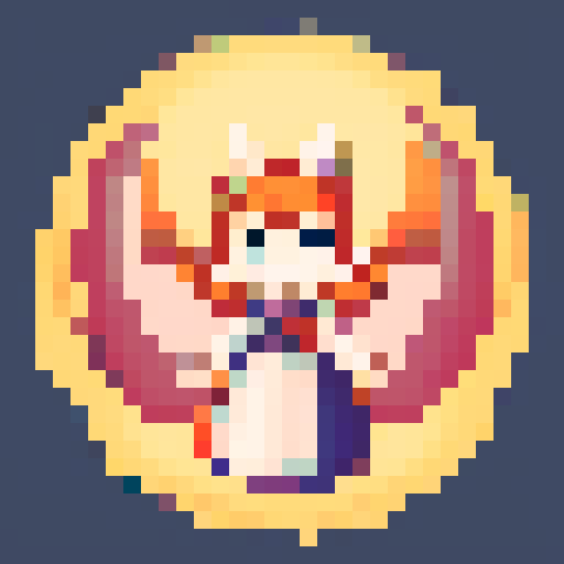 Create a 32x32 pixel art of a playful Kitsune girl, with nine fluffy tails, vibrant orange fur, wearing a traditional Japanese kimono with a cherry blossom pattern, and holding a fan with the image of a crescent moon, all in the style of retro pixel art.