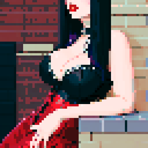 curvy, busty goth woman, black hair, purple eyeshadow, red lipstick, studded leather collar, corset, vibrant sega genesis color palette, pixel art brick wall