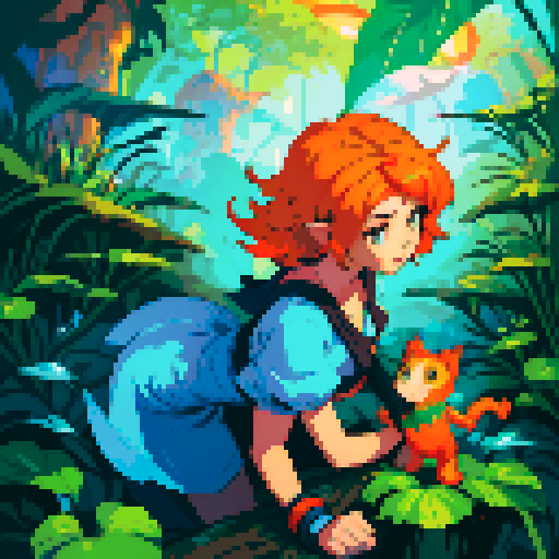 An illustration in the style of a pixel art of two people, a pixelated girl with orange hair, a pixelated girl with blue hair and a white pixelated cat, in a mysterious and primordial rainforest scene, A pixel parrot flies in the sky