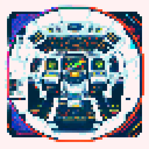 Spaceship, sleek design, metallic exterior, vibrant colors, retro aesthetic, pixelated details, glowing thrusters, starry backdrop, futuristic cockpit, pilot's seat, control panels, blinking lights, computer screens, holographic displays, wireframe outlines, geometric shapes, neon accents, pixelated stars, low-resolution textures, vibrant pixel art style, sRGB color space
