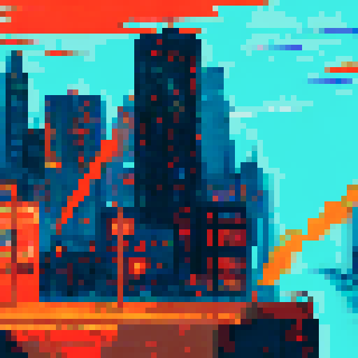 Fiery orange and red debris raining down against a blackened, pixelated cityscape backdrop, all captured in vivid sRGB hues