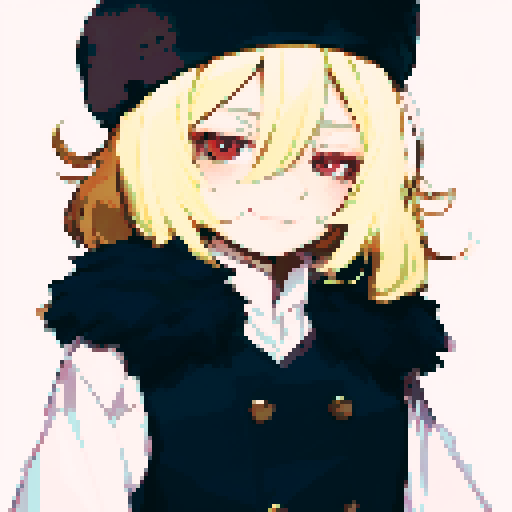 Solo male with perfect anatomy, straight-on, inframe, facing viewer, with round pupils, light blonde hair between eyes, wearing an ushanka hat with a black fur collar, a black vest, puffy sleeves, and black elbow gloves, his round eyes and pink eyes looking at the viewer, smile, giving off a sadistic vibe, in a pixel art style with sRGB colors, half closed eyes, by pekeko (pepekekeko)