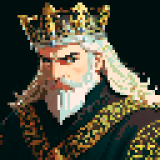 king, regal, black metall crown, black crown, majestic, stoic expression, sharp features, beard, silver accents, silver royal robe, intricate embroidery, game icon, 32x32 pixel art, sRGB, skill art, close up, portrait, blonde hairs, detailed
