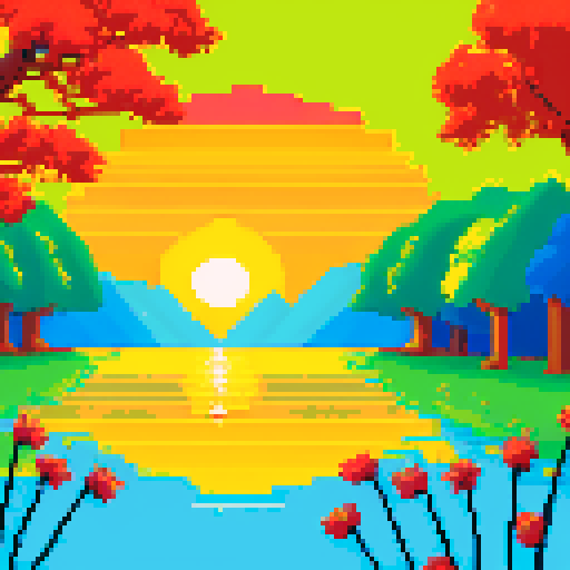 pixel art of a serene landscape of trees and water, and a sunrise with the sun clearly visible in the middle. Bright scene. Foliage and flowers in the forefront. use of simple primary colors of red blue yellow and green. high saturation