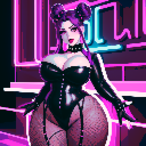 Thicc, curvy, seductive busty goth babe with studded collar, long purple hair in buns, fishnet stockings. Elated aroused nude big titty goth in a close-up nude sexy pose, neon signage. sRGB