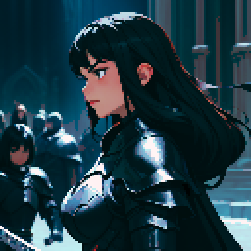 black armor, giant sword, long black hair, sexy, dark knight