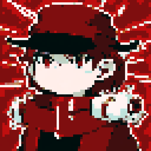 steampunk young man, red coat, red hat, 2D game stance, pixel art, character portrait, close up, anime style
