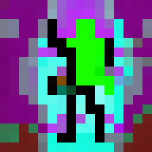 Bounty hunter, pixelated and fierce, stands amidst a neon-lit cityscape, clutching a pulsing laser rifle as a glittering hologram of his next target flickers above his wrist-mounted computer.