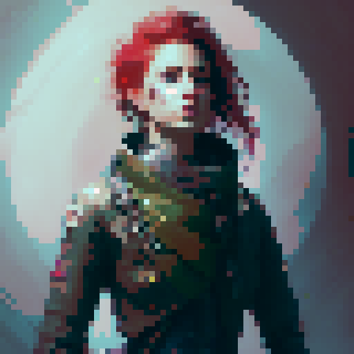 Long hair redhead female, green eyes, wearing steampunk clothes, short white skirt, leather boots