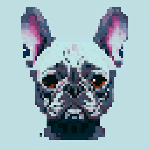 Pixel art, grey French bulldog portrait from the side, with a vibrant, sRGB color palette