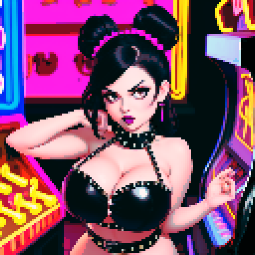 curvy, seductive, busty goth babe with studded collar, hair in buns, aroused nude big titty goth in a close-up nude glamour shot, wearing halter top, against a modern tile backsplash, vintage arcade machines, pachinko machines, neon signage, pixel art, sRGB