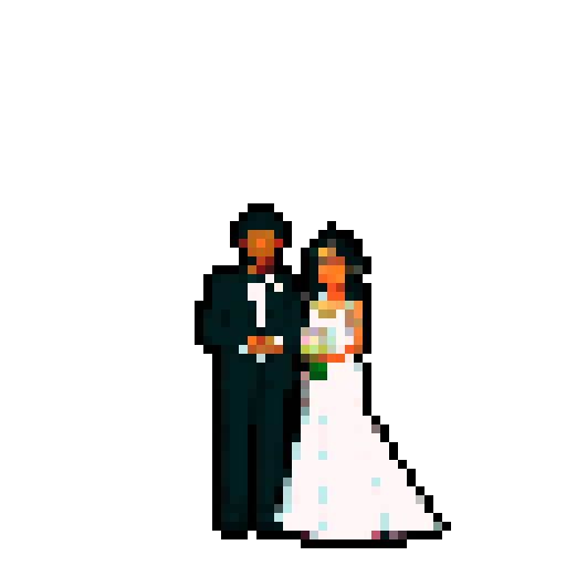 bride with fair skin, black hair, and tall stature, groom with ethnic features, both under white cloth chuppah, at a Jewish wedding, against a black background, in a flat color, pixel art style, emphasizing sRGB