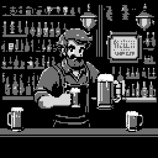 hand pouring beer in tavern, frothy golden liquid cascading from a ceramic mug, vibrant retro color palette, intricate pixel art details, vintage tavern sign hanging in the background, cozy wooden bar counter, dimly lit atmosphere, nostalgic 8-bit aesthetic