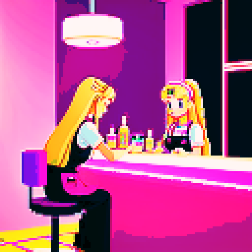 A nail tech with long blonde hair wearing a pink apron and a girl with brown hair sitting and facing each other in a nail salon. Nail polish bottles and UV lamps