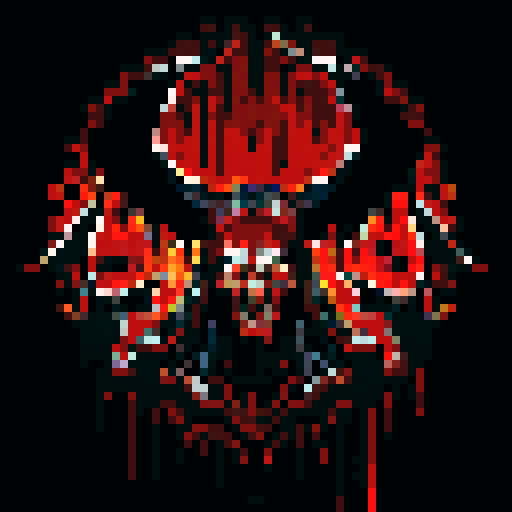 blood splatters, baphomet, dark shadows, gruesome violence, pixelated gore, vibrant red hues, intense contrast, jagged edges, macabre artistry, detailed dismemberment, visceral horror, pixelated blood, chilling brutality, sRGB color palette, hauntingly beautiful, gruesome pixel art