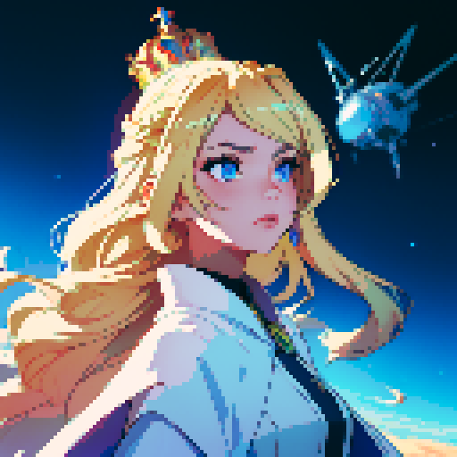 Elegant princess with flowing gown and futuristic crown, blonde hair, blue eyes, surrounded by futuristic space scenery in vibrant sRGB pixel art style, inspired by JRPG aesthetics