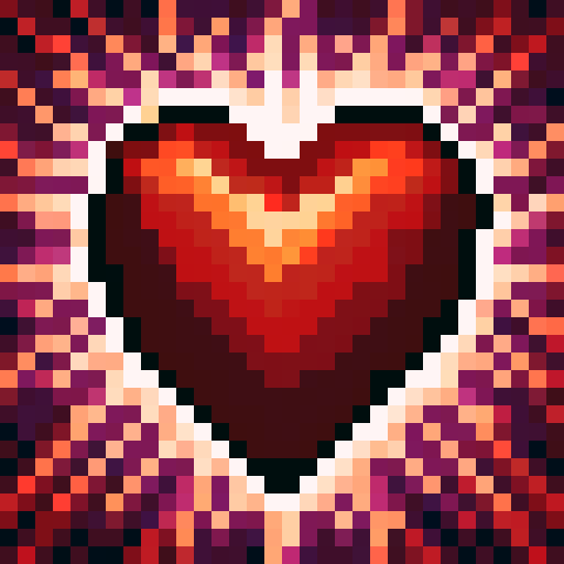 Health Icon Heart, vibrant red, pixelated, game icon, skillfully crafted, intricate details, 32x32 pixels, sRGB colors, close-up view, portrait style, dynamic shading, glossy finish