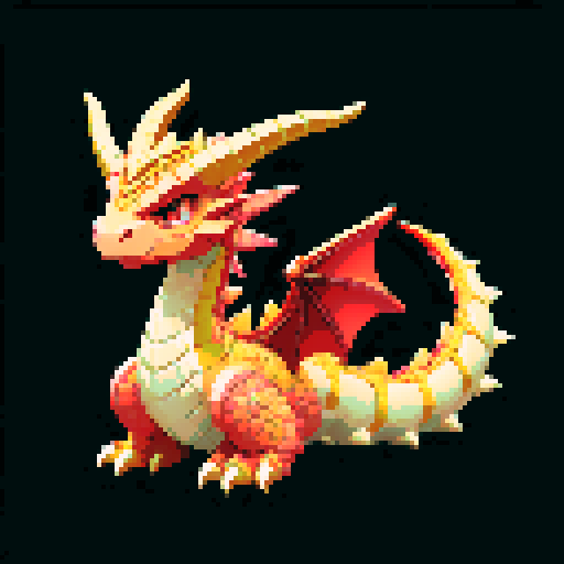 A majestic, fully grown dragon with gleaming scales and powerful wings. It has a wise and regal expression, with large horns and a long, spiked tail. Its eyes are filled with ancient knowledge, and it exudes an aura of strength and authority. No background.
