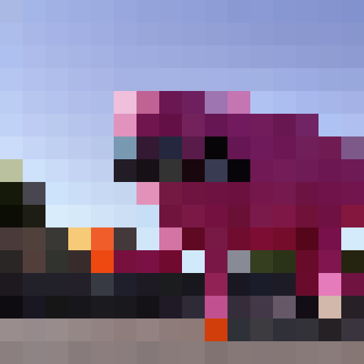 an pink dinosaur,with black glasses,hold a bunch of balloons， standing at the cross street