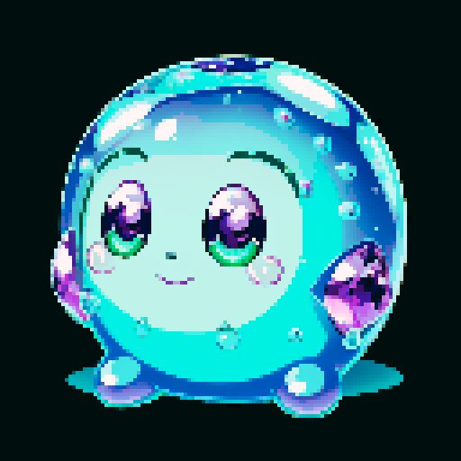 A larger, dazzling slime with a body made of semi-transparent, glittering gemstones. It includes vibrant rubies, emeralds, sapphires, and amethysts embedded within its jelly-like structure. The slime has bright, sparkling eyes and a joyful smile, with light reflecting off the various colorful facets of the gemstones. No background.
