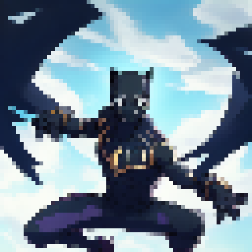 black panther, full potrait, up in the sky flying