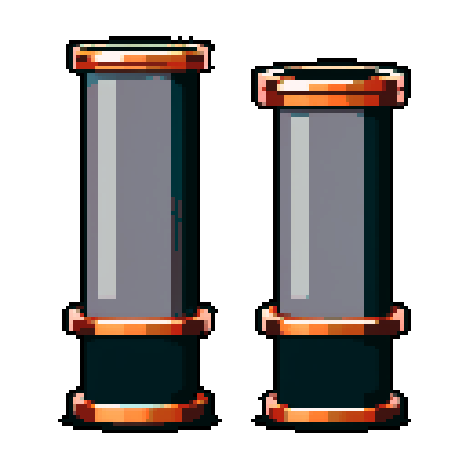 I want a tall vertical copper pipe that looks like a cannon barrel. I want this object usable an asset in a videogame, meaning only one object per image, outlined with a strong black stroke, on a solid-color background.